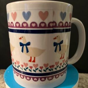 Ceramic Duck Pattern Coffee Mug in White with Blue and Pink Accents NEW